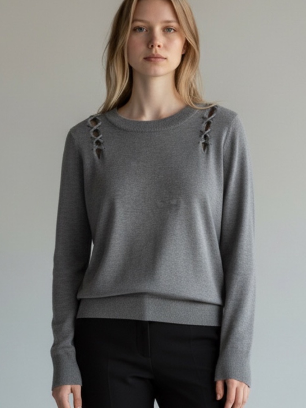 Carmen Gray Crewneck Sweater with Criss Cross Shoulder Lace Up Detail Size Mediu